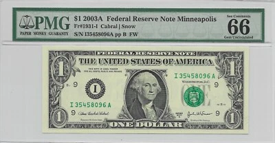 2003A $1 MINNEAPOLIS FRN. PMG Gem Uncirculated 66 EPQ Banknote. - Image 1 of 2