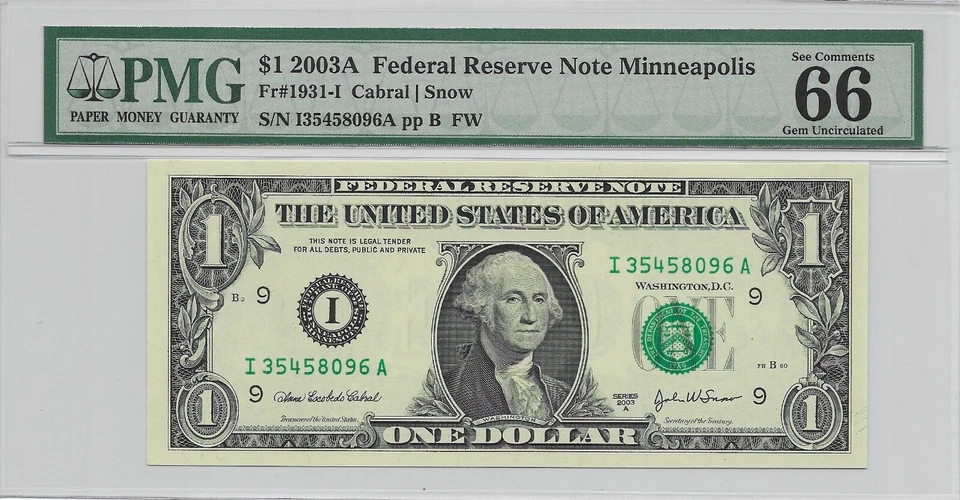 2003A $1 MINNEAPOLIS FRN. PMG Gem Uncirculated 66 EPQ Banknote. - Image 1 of 2