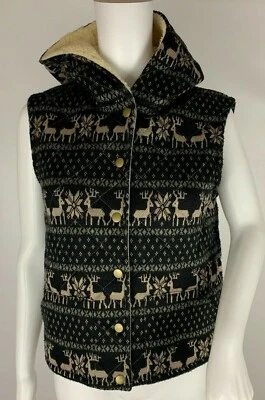 Chaleco Free People Reno Acolchado Sherpa Con Capucha Negro Bronceado Ciervo Isla Justa Talla S Foto 1 de 4