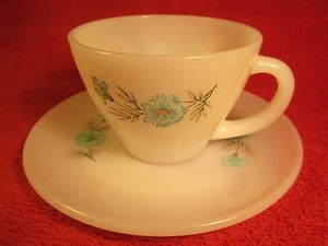 FIRE KING Coffee Cup & Saucer FLORAL Blue Flowers PREMIUM 8 oz [Z183] - Picture 1 of 4