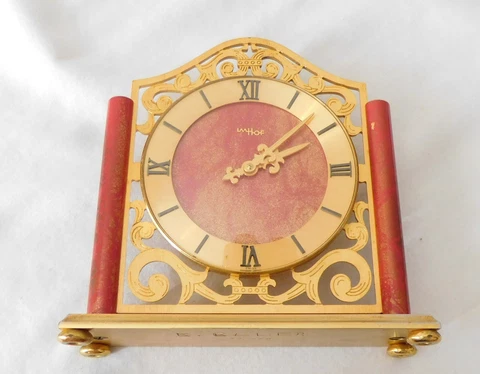 ARTHUR IMHOF PIERCED GOLD GILT & FAUX RED MARBLE ENAMEL COLUMN DESK CLOCK Cover