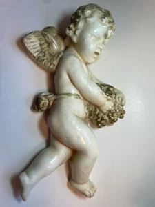 Vintage Chalkware Cherub Cupid Angel Wall Plaque Mount Brushed Gold Accents - Picture 1 of 6