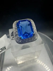 Ladies Sapphire ring emerald cut 4 carat royal blue stainless steel dress 178 - Picture 1 of 4