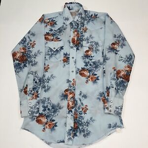 H Bar C Shirt Blue 15-33 Floral Print Pearl Snap Western Long Tail VTG Made in U