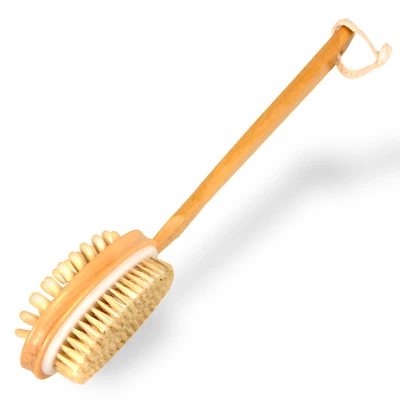 2IN1 WOOD BODY BRUSH LONG HANDLE SOFT SHOWER BRUSH NATURAL BRISTLES EXFOLIATING - Image 1 of 4