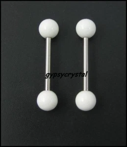2 White Acrylic Balls Tongue Nipple Barbells - 14g 16mm Steel Bar #2 - Picture 1 of 1