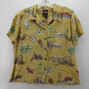 VINTAGE Harley Davidson Top Damen Large gelb Hawaiihemd Tiki Moto Biker - Bild 1 von 13
