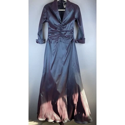 Vestido cintilante completo vintage Tadashi tamanho 4 colarinho franzido gola V manga 3/4 punho joia - Imagem 1 de 4