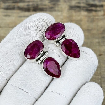Kashmiri Ruby Lab-Created Earrings 925 Sterling Silver Handmade Jewelry For Gift - Image 1 of 4
