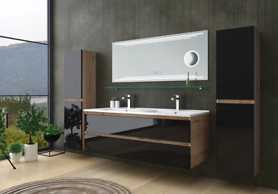 Doppelwaschtisch Schwarz  / Eiche Hochglanz  Doppel Waschbecken Badmöbel Set LED - Bild 1 von 4