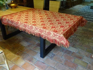 Nappe Ancienne Rouge et Ecrue Epoque Napoléon III Lin et Coton Broderie Fleurs - Photo 1/12
