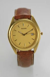 Pulsar Orologio da Uomo pelle Marrone Oro Acciaio Inox Data Impermeabile Quarzo - Foto 1 di 3