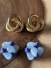 Vintage Lot Of 2 Sets Clip On Earrings Gold Tone And Blue Tone