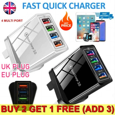 4 Multi-Port Fast Quick Charge USB Hub Mains UK Plug Adapter Wall Charger UK EU