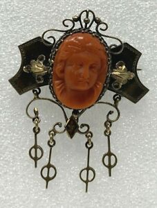 Antique 14k Coral Cameo Brooch Yellow Gold with Four Dangles, Nice Carving