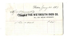 Vintage Billhead (set of 3) WEYMOUTH IRON 1869 Boston Milk Street - Picture 1 of 1