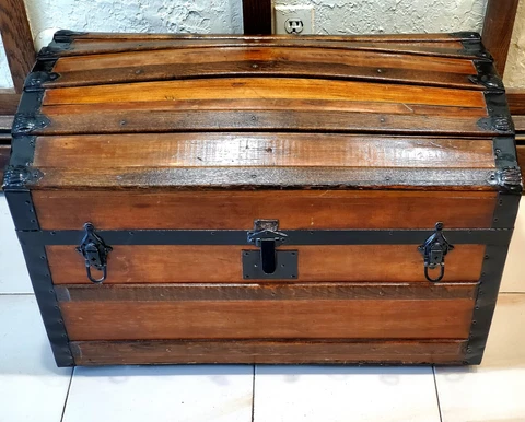 Antique Victorian Humpback Punched Metal Steam Trunk Fully Restored Leather Hand Cover