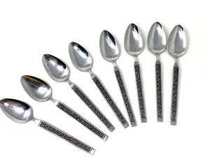 8 Vintage Mid Century Japan Edelstahl Löffel schwarz Schnörkelmuster 7 3/8" - Bild 1 von 8