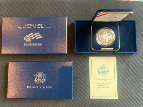 2004 Lewis & Clark Bicentennial PROOF 90% Silver Dollar US Mint Coin Box and COA Cover