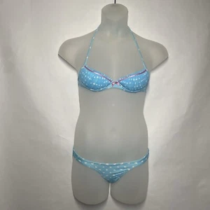 Agua Doce Bikini Brazilian 2-pc Women S Blue White Hearts Pink Bow Pleats Cheeky - Picture 1 of 12