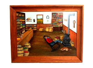 Vintage Acrylic Painting Country General Store 19" Folk Art Signed Davis Framed - Picture 1 of 12