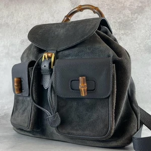 Gucci Suede Bamboo Backpack Leather Black Navy Unisex Used - Picture 1 of 10