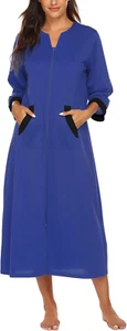 Women Zipper Robe 3/4 Sleeves Loungewear Dress Full Length Sleepwear Pockets Hou - Picture 1 of 12