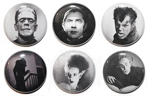 1" (25mm) Classic Horror Button Badge Pin Set - Dracula, Frankenstein, Wolfman - Picture 1 of 3