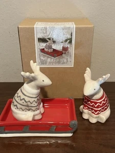 Christmas Bunnies On Sled Salt and Pepper Shakers Grasslands Road New Open Box - Picture 1 of 6