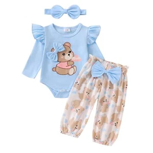 Newborn Infant Baby Girl Outfits Ruffle Bear Long Sleeve Romper Bodysuit Tops... - Picture 1 of 9