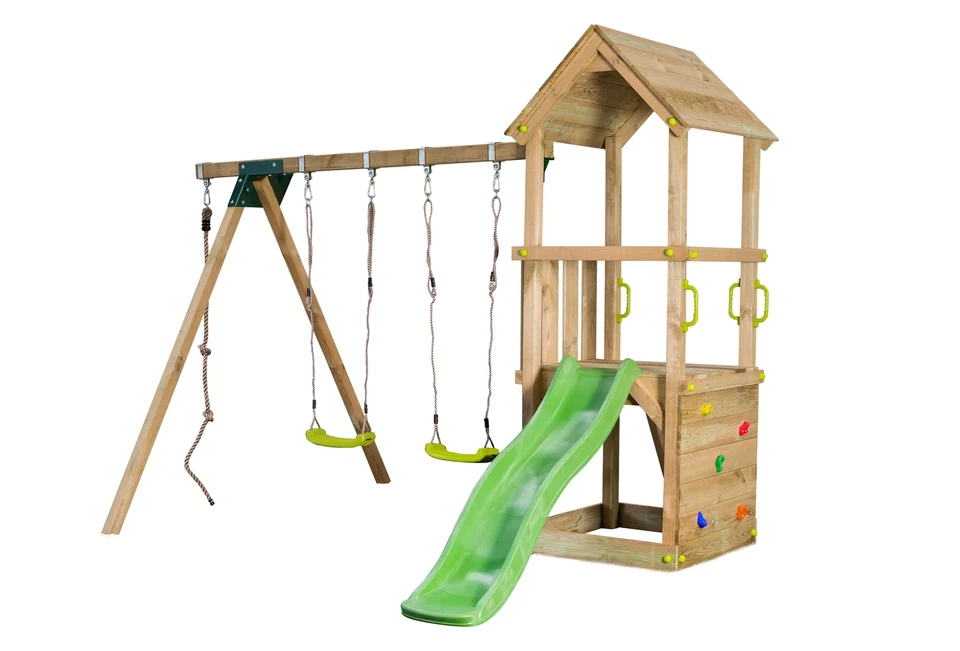 Spielturm LOFT mit Rutsche Doppelschaukel Kletterseil Kletterwand Klettersteine - Bild 1 von 1