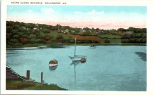 1930s ME Postcard Scene Along Medomak River Waldoboro Maine Serene Boat Scenic - Picture 1 of 2