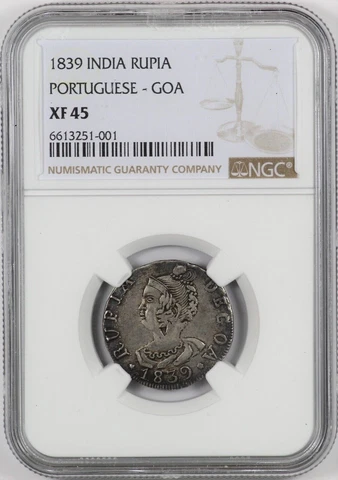 NGC XF45 1839 Portuguese India GOA Rupia Maria Coin Cover