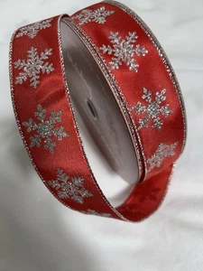10 Yards 1.5 Inch Wired Winter Christmas Red Silver Snowflake Sparkly Ribbon - Picture 1 of 1