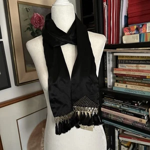 Tanner 100% Silk 8" x 60" Rectangle Black w/Gold-tone Beaded Fringe Scarf - Picture 1 of 15