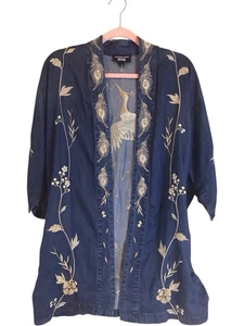 Johnny Was Workshop bestickter Denim Kimono Pfauenfedern Boho Chic Gr. XS/S - Bild 1 von 6