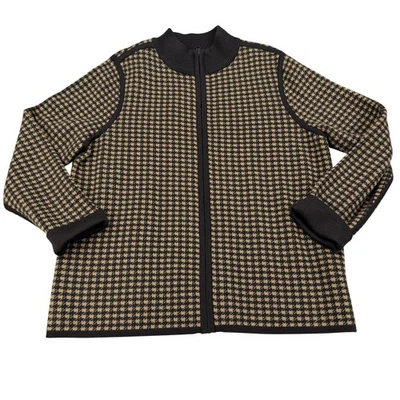 Pendleton Sweater Womens XL Petite Brown Black Houndstooth Merino Wool Zip - Image 1 of 4