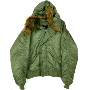 Alpha Industires N-2B Puffer Bomber Jacket XL Green Hooded Full Zip Fur Trim - Picture 1 of 5
