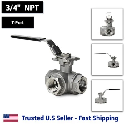 3/4" 3-Way T-Port Ball Valve, Stainless Steel, NPT Threaded, 1000PSI - Image 1 of 4