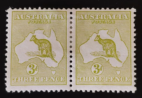 AUSTRALIA 1913. 3d Olive (d1) Kangaroo pair of stamps. SG5. 1st WMK. Fine mint Cover