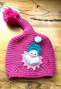 Hand Knit Pink Santa Long Pom Beanie Hat Rhinestones Little Girls Size OOAK - Picture 1 of 6