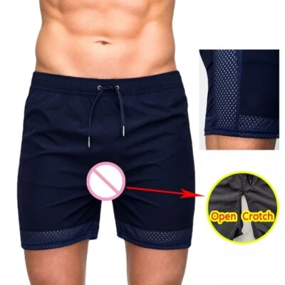 Men Open Crotch Shorts Gay Sport Double Seamless Zipper Couple Sweatpants Pants - Image 1 of 4