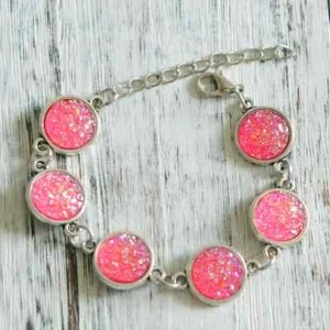 Pink Cabochon Bracelet- Adjustable Bracelet, Pink Druzy Gemstone Women Bracelets - Picture 1 of 2