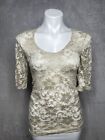 BKE Blouse Shirt Womens Sz Small Off White 1/4 Sleeve Floral Lace Round Neck
