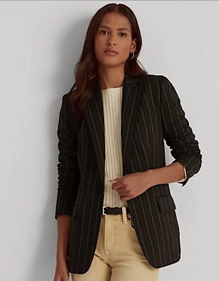 Blazer Ralph Lauren para mujer a rayas mezcla de lana crepé negro tostado talla 18 nuevo con etiquetas $325 Foto 1 de 4