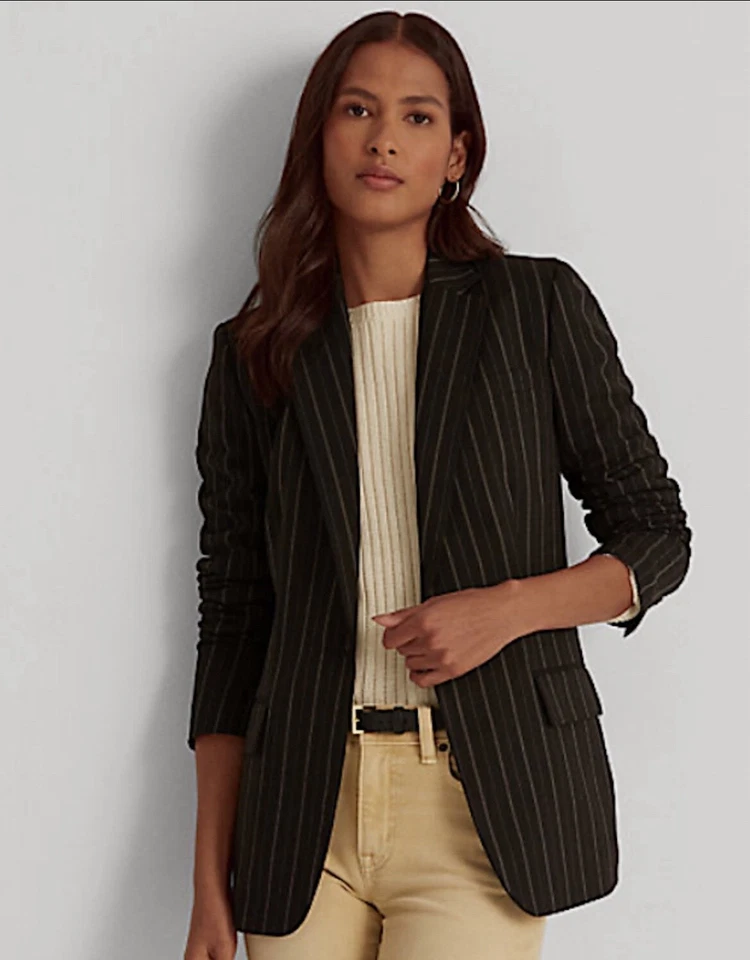 Blazer Ralph Lauren para mujer a rayas mezcla de lana crepé negro tostado talla 18 nuevo con etiquetas $325 Foto 1 de 4