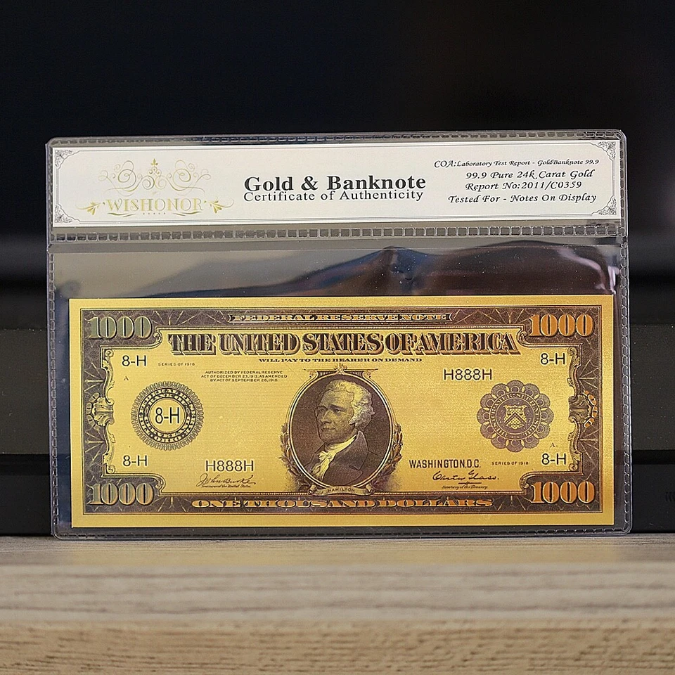 100mg 24K Gold 1918 $1000 Dollars Federal Reserve Note Large Banknote White COA - Image 1 of 2