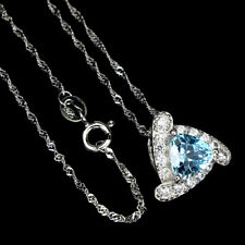 Trilliant Swiss Blue Topaz 7mm Cz White Gold Plate 925 Sterling Silver Necklace