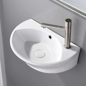 Commercial 18"X12" Small Oval White Ceramic Corner Wall Mount Sink,Floating Tiny