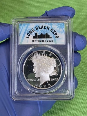 2023-S PCGS PR70DCAM Peace Dollar - Long Beach Expo, Director-Signed COA! - Image 1 of 4